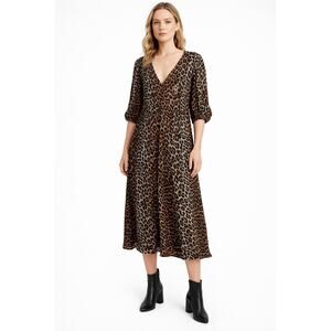GANNI Leopard Print Viscose Dress Size EU 40 / US M Deep V front & back Midi